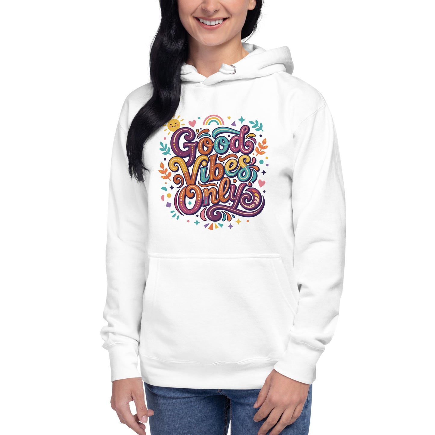 Retro hoodie featuring 'Good Vibes Only' groovy lettering, rainbow, and sun illustrations in a vibrant 70s art style.
