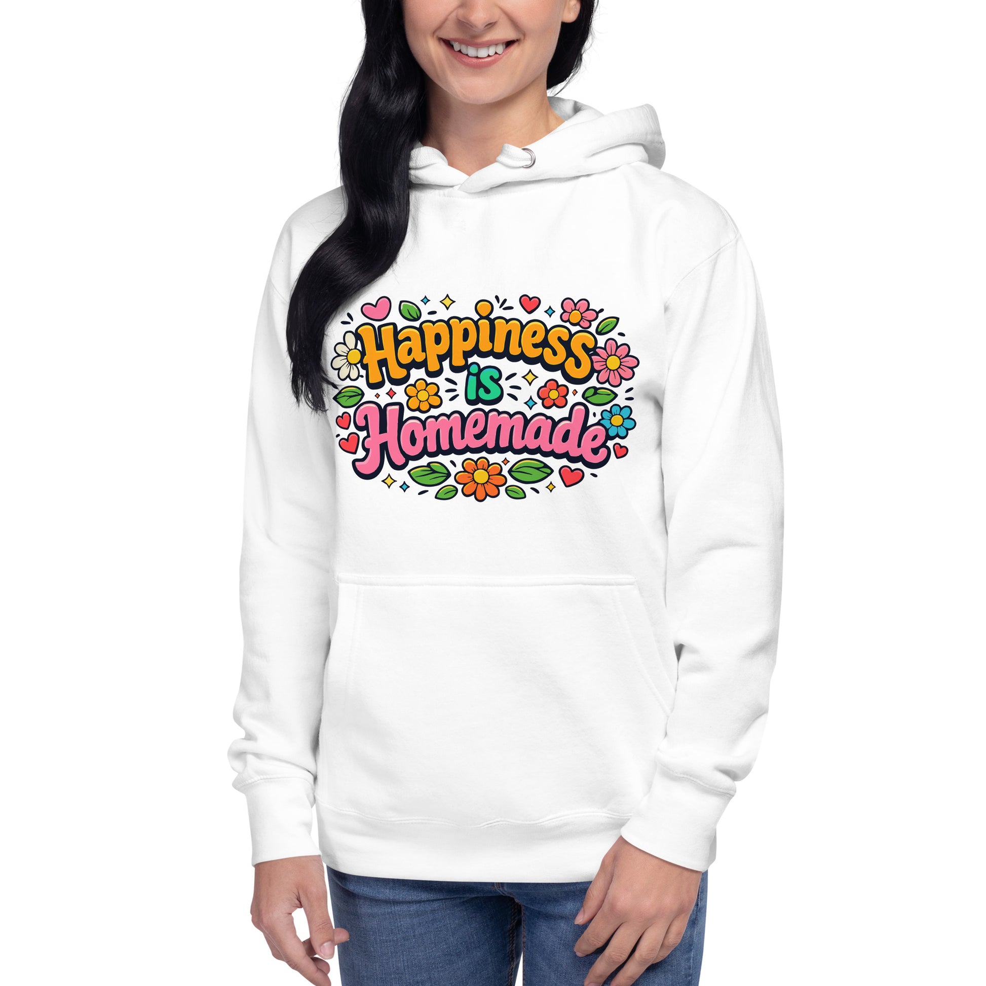 Colorful retro "Happiness is Homemade" text surrounded by groovy 70s-style flowers and hearts