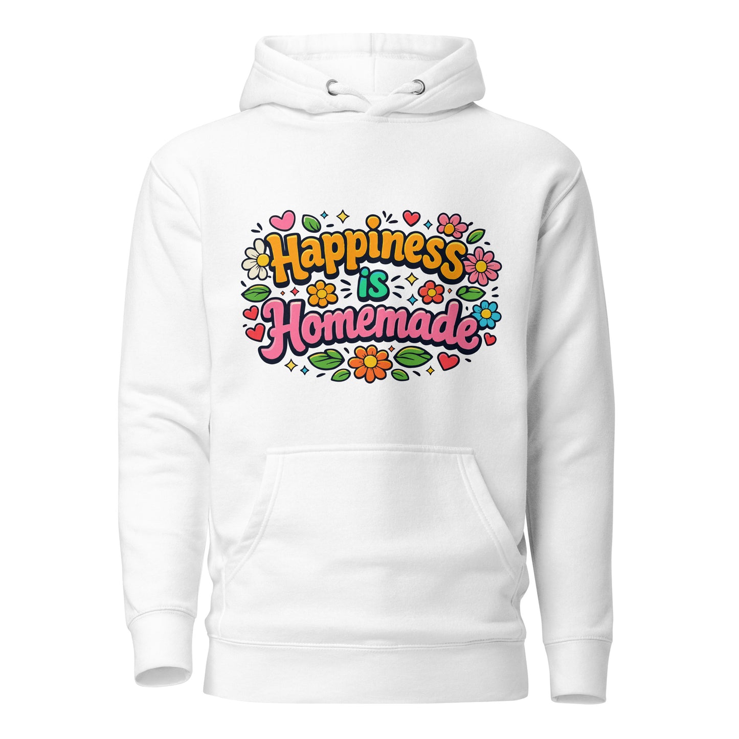 Colorful retro "Happiness is Homemade" text surrounded by groovy 70s-style flowers and hearts