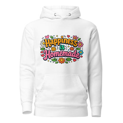 Colorful retro "Happiness is Homemade" text surrounded by groovy 70s-style flowers and hearts