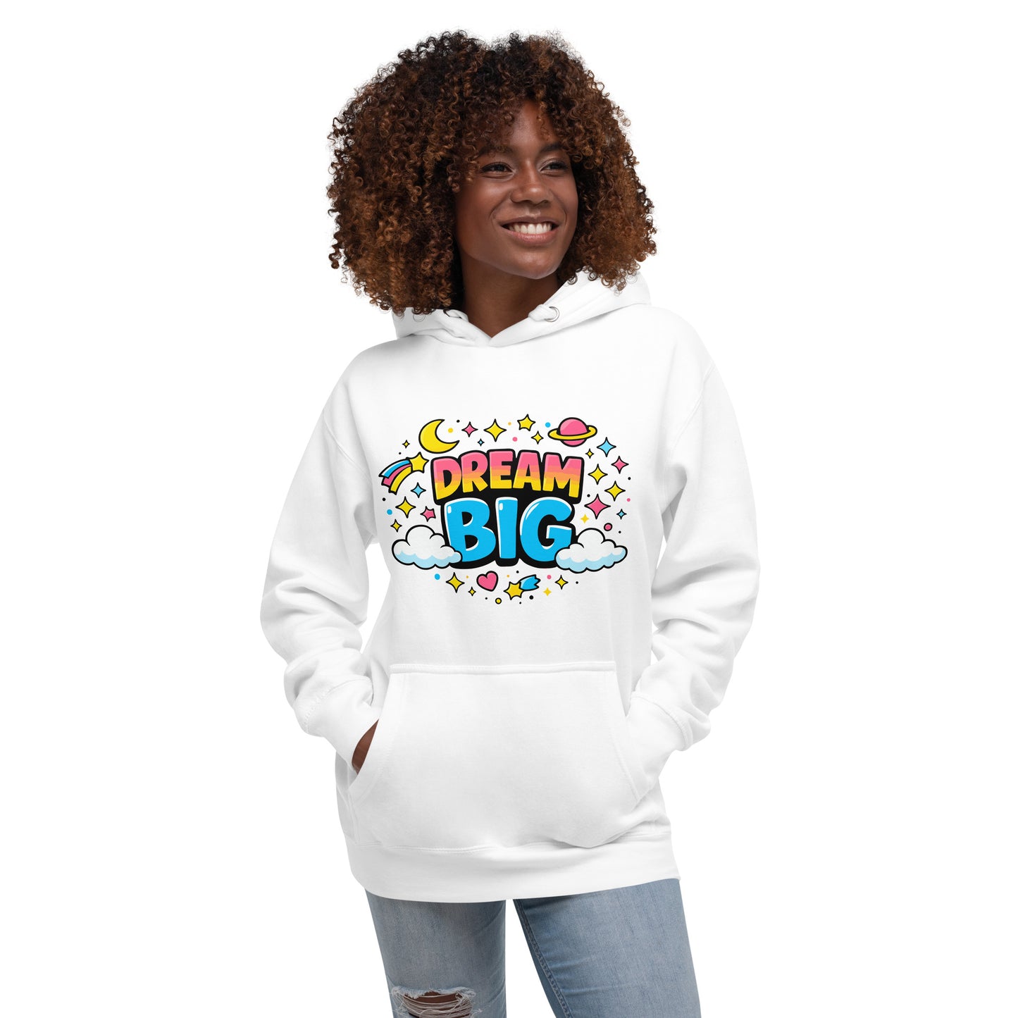 Vibrant Dream Big text in 70s bubble font with pink, yellow, and blue colors, surrounded by stars and a crescent moon.