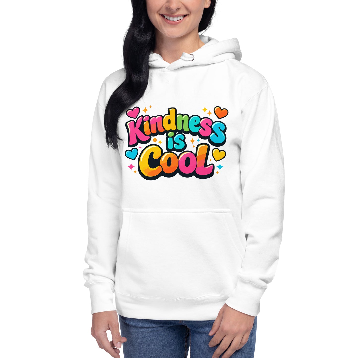 Colorful "Kindness is Cool" design in bubble letters with hearts and stars, printed on a high-quality hoodie.
