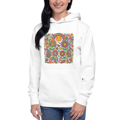 Retro 70s psychedelic style illustration with colorful smiling flowers, a happy sun, vibrant rainbows, and mushrooms.