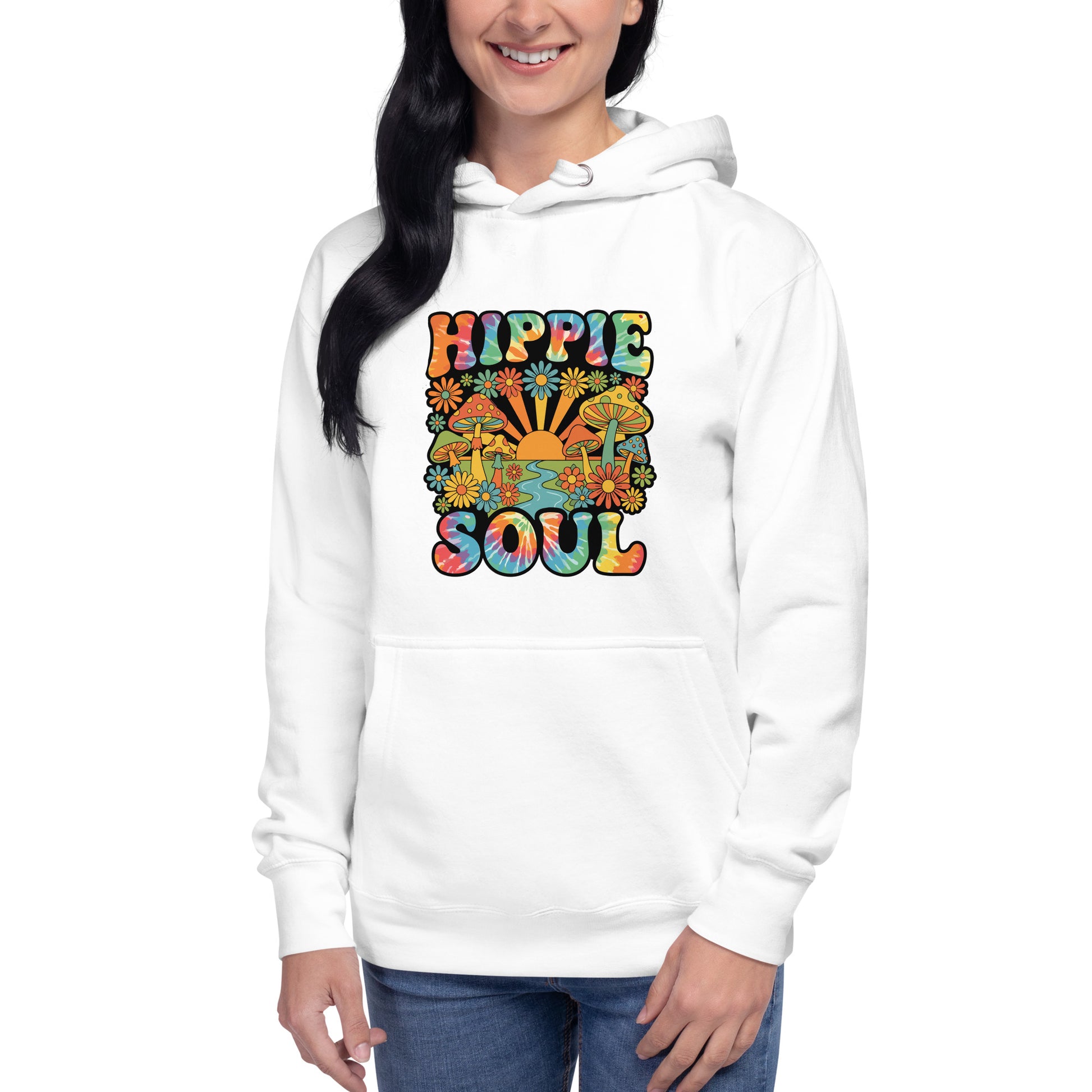 Retro Hippie Soul graphic hoodie featuring tie-dye typography, colorful mushrooms, daisies, and a vibrant sunset.