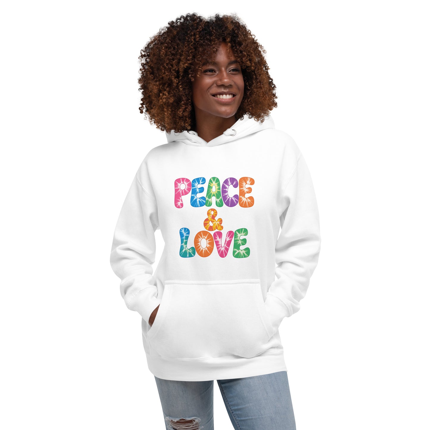 Retro tie-dye Peace and Love lettering printed on a black fleece hoodie pullover with vibrant 60s rainbow typography.