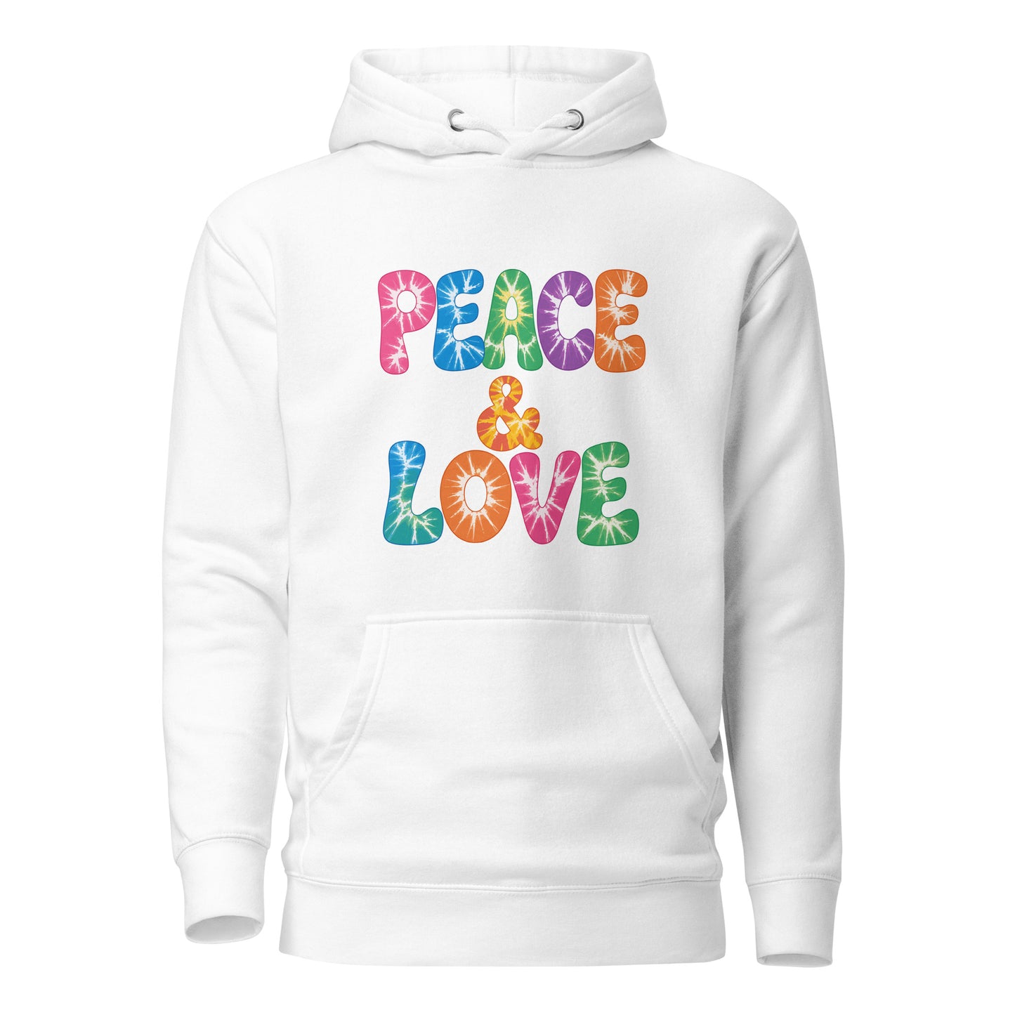 Retro tie-dye Peace and Love lettering printed on a black fleece hoodie pullover with vibrant 60s rainbow typography.
