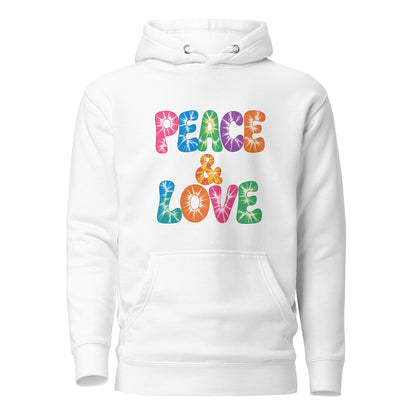 Retro tie-dye Peace and Love lettering printed on a black fleece hoodie pullover with vibrant 60s rainbow typography.