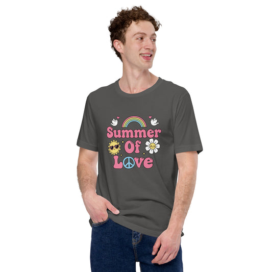 "Summer of Love" retro graphic with pink bubble text, a rainbow, and a smiling sun on a high-quality cotton T-shirt.