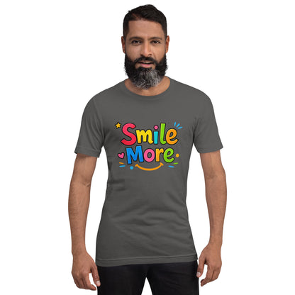 Smile More, bubbly lettering with a yellow sun-smile and pink heart on a black cotton t-shirt.