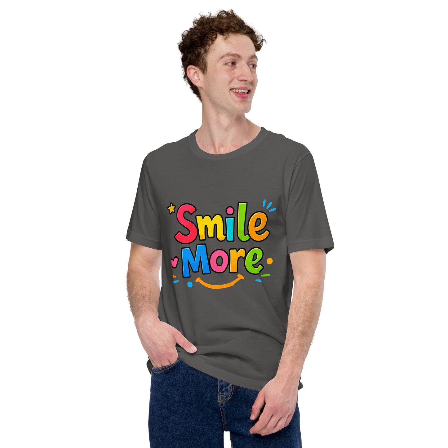 Smile More, bubbly lettering with a yellow sun-smile and pink heart on a black cotton t-shirt.