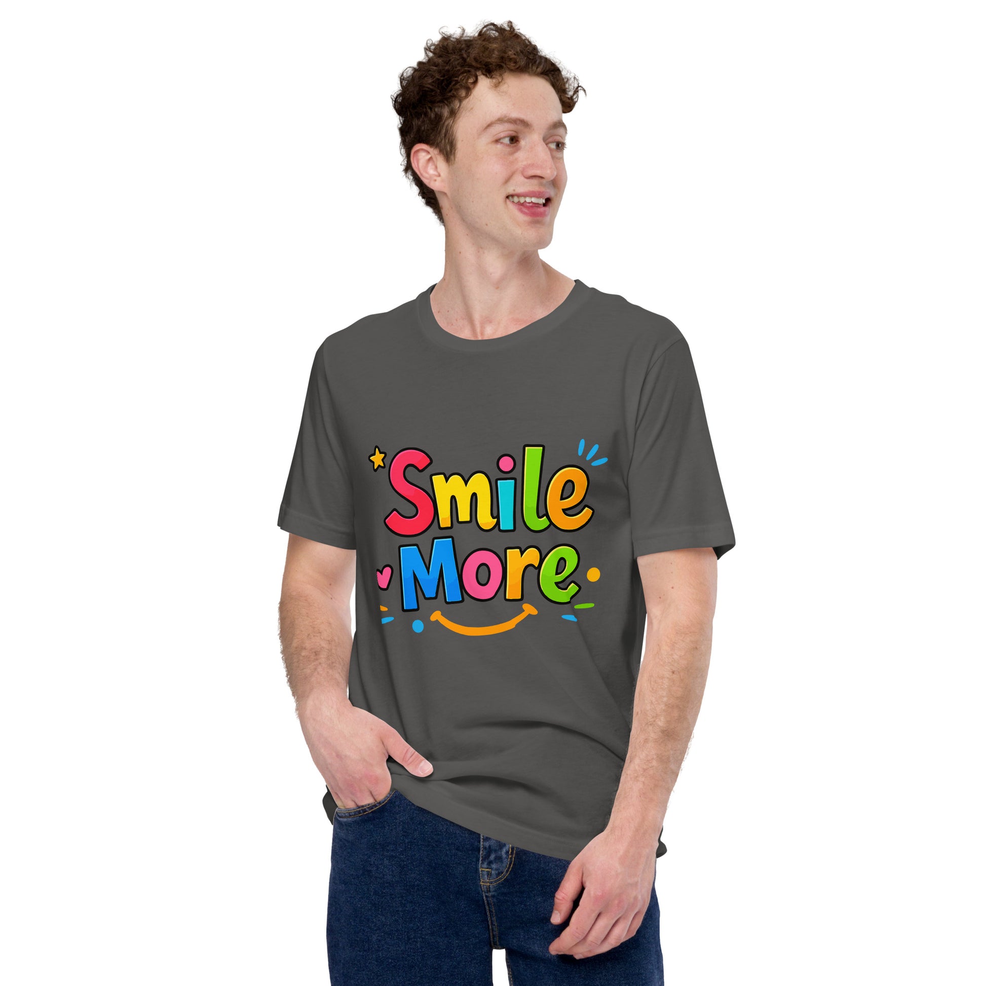 Smile More, bubbly lettering with a yellow sun-smile and pink heart on a black cotton t-shirt.