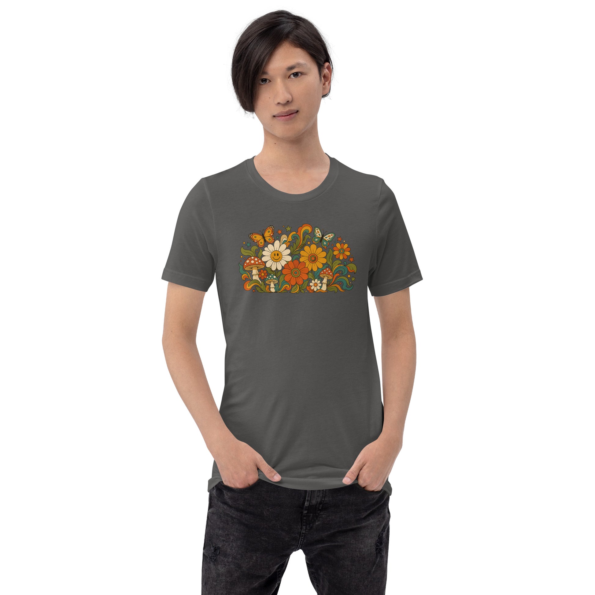 70s retro psychedelic floral t-shirt artwork featuring smiling daisies, butterflies, and colorful mushrooms.