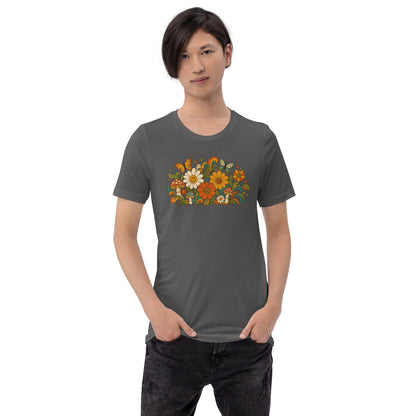 70s retro psychedelic floral t-shirt artwork featuring smiling daisies, butterflies, and colorful mushrooms.