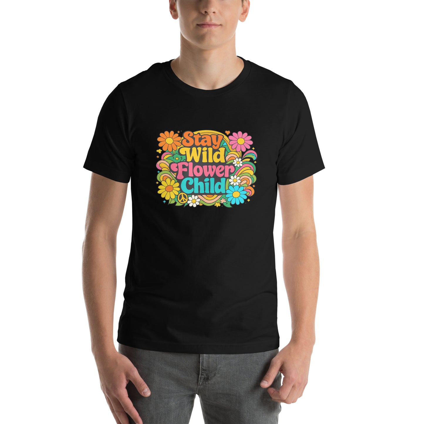 Retro Stay Wild Flower Child t-shirt design with colorful 70s psychedelic flowers and groovy yellow and blue lettering.