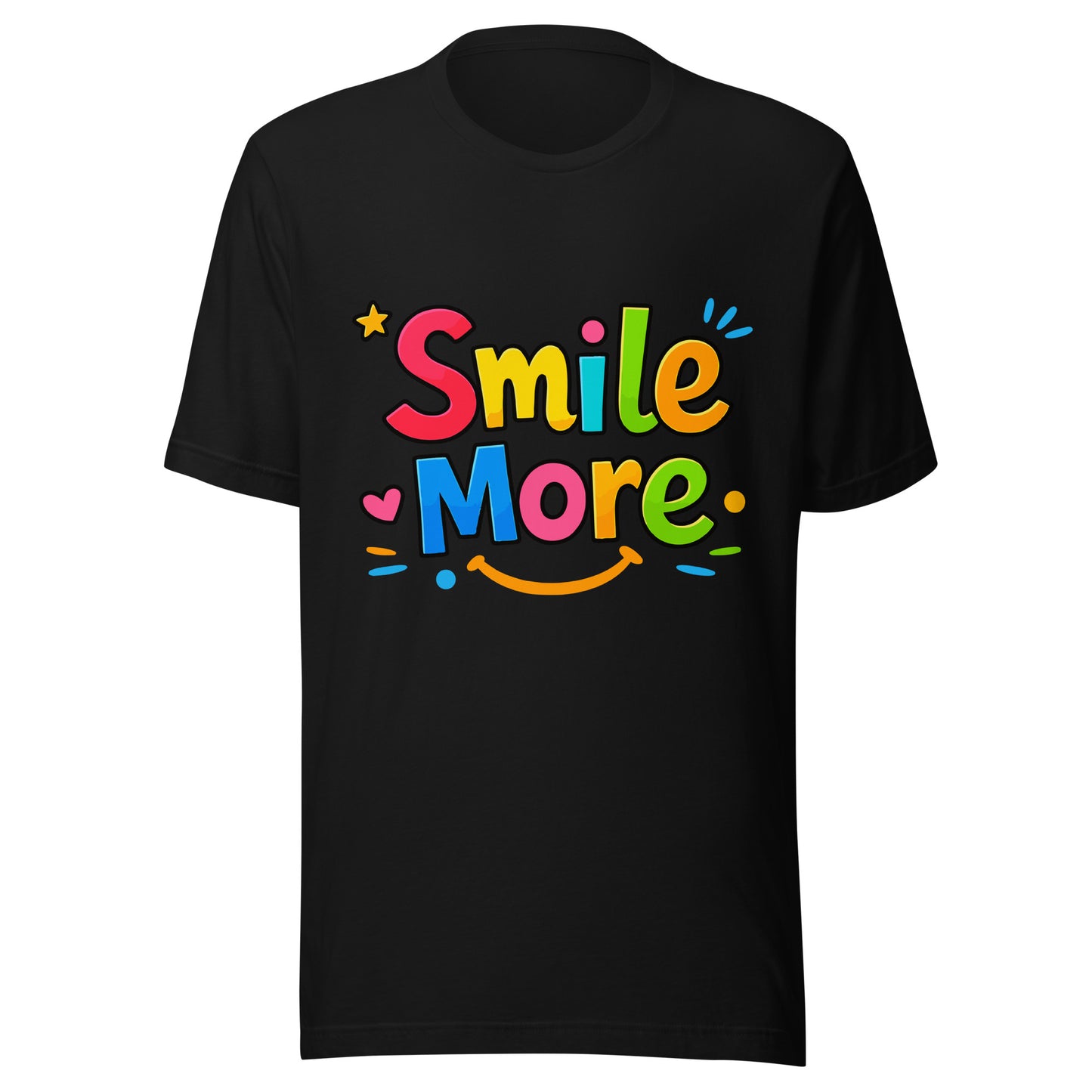 Smile More, bubbly lettering with a yellow sun-smile and pink heart on a black cotton t-shirt.