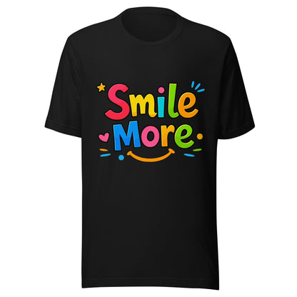 Smile More, bubbly lettering with a yellow sun-smile and pink heart on a black cotton t-shirt.