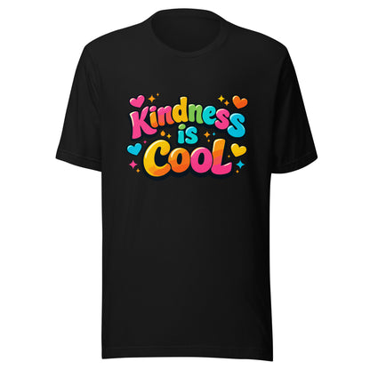 Vibrant "Kindness is Cool" typography design with colorful bubble letters, hearts, and stars on a black background.