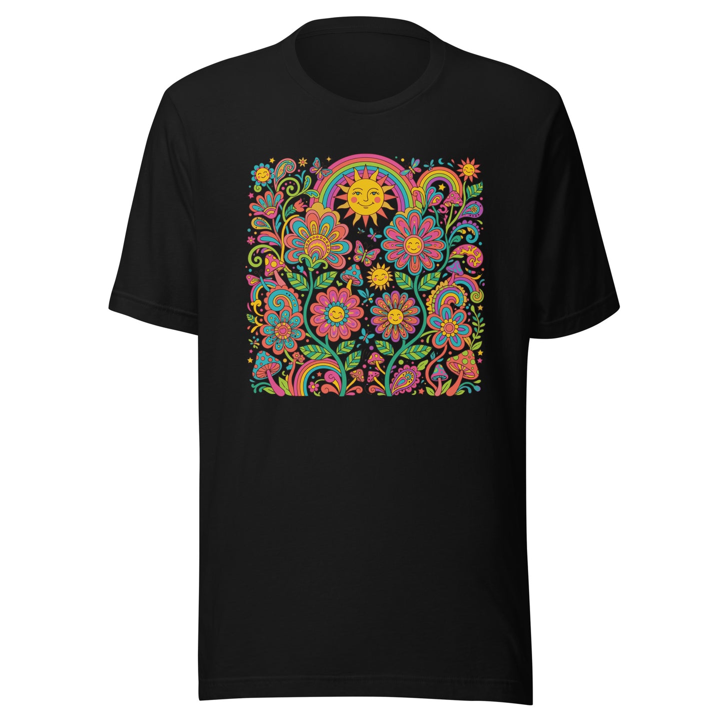 Retro 70s psychedelic style illustration with colorful smiling flowers, a happy sun, vibrant rainbows, and mushrooms.