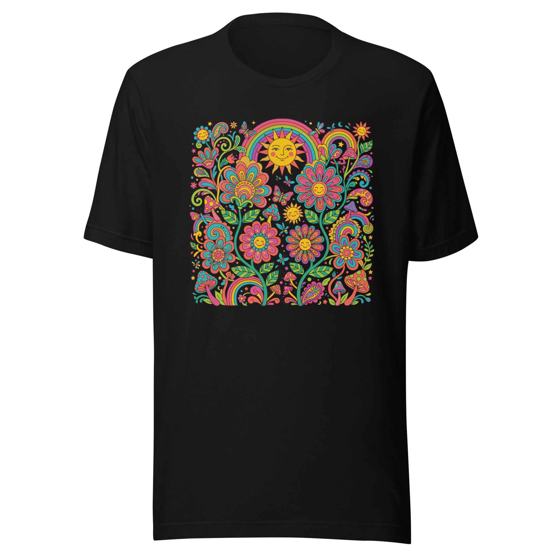 Retro 70s psychedelic style illustration with colorful smiling flowers, a happy sun, vibrant rainbows, and mushrooms.