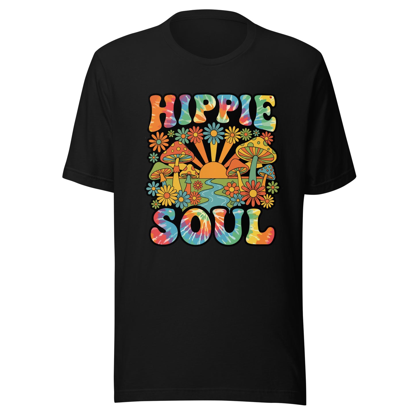 Tie-dye text reading Hippie Soul surrounded by colorful retro mushrooms, daisies, and a sunrise on a black background