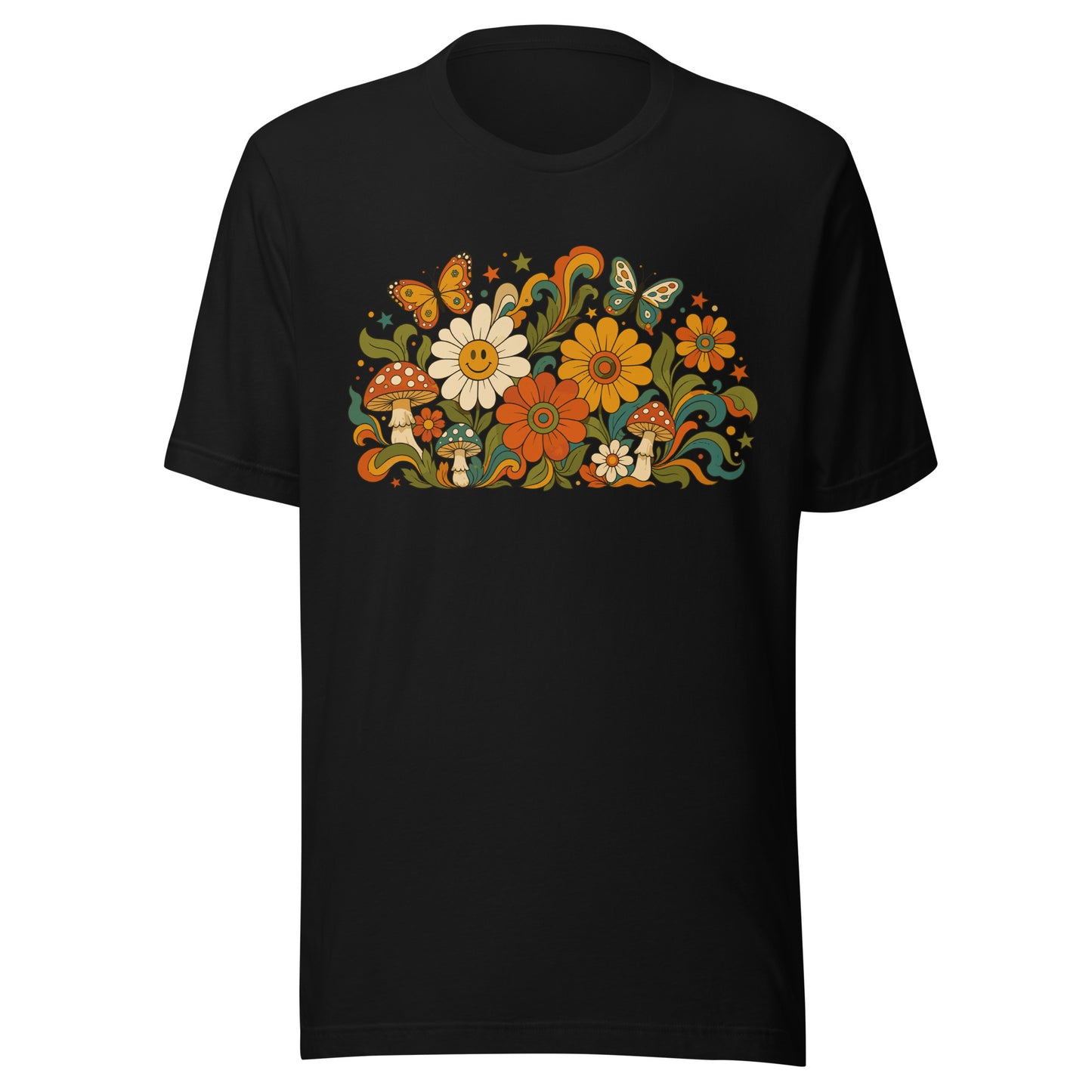 70s retro psychedelic floral t-shirt artwork featuring smiling daisies, butterflies, and colorful mushrooms.