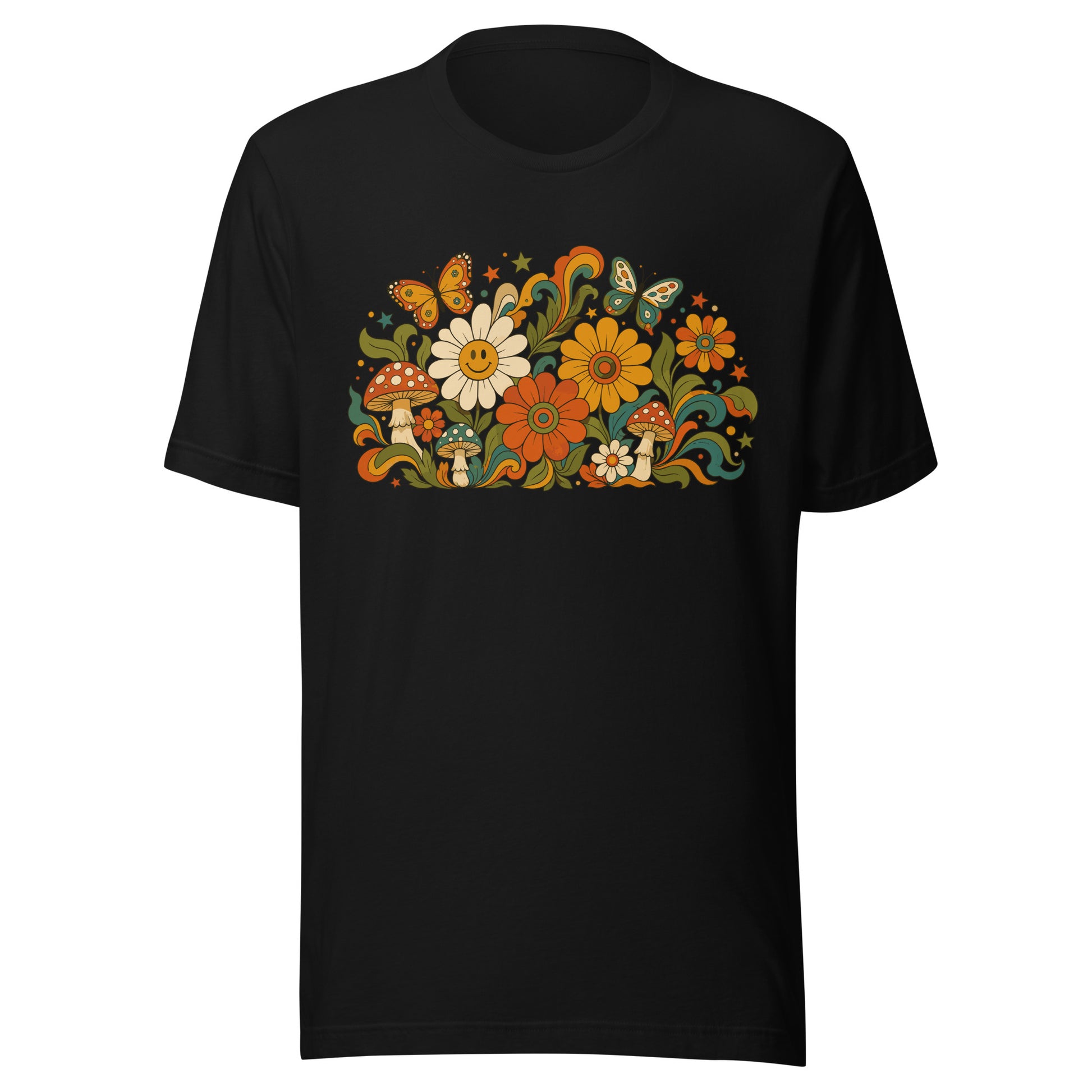 70s retro psychedelic floral t-shirt artwork featuring smiling daisies, butterflies, and colorful mushrooms.