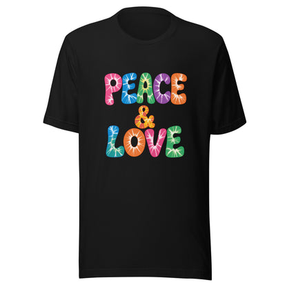 Retro tie-dye Peace and Love lettering printed on a classic black graphic t-shirt with vibrant 60s rainbow typography.