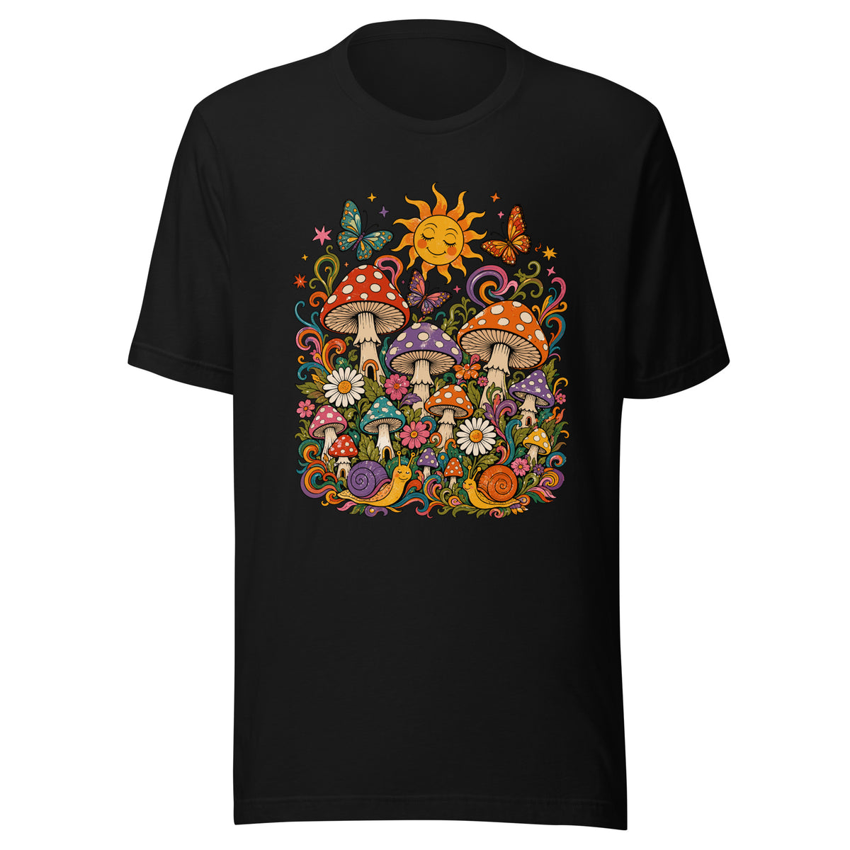 Retro 70s t-shirt graphic with colorful psychedelic mushrooms, smiling snails, butterflies, flowers, and a bright sun.