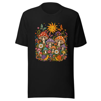 Retro 70s t-shirt graphic with colorful psychedelic mushrooms, smiling snails, butterflies, flowers, and a bright sun.