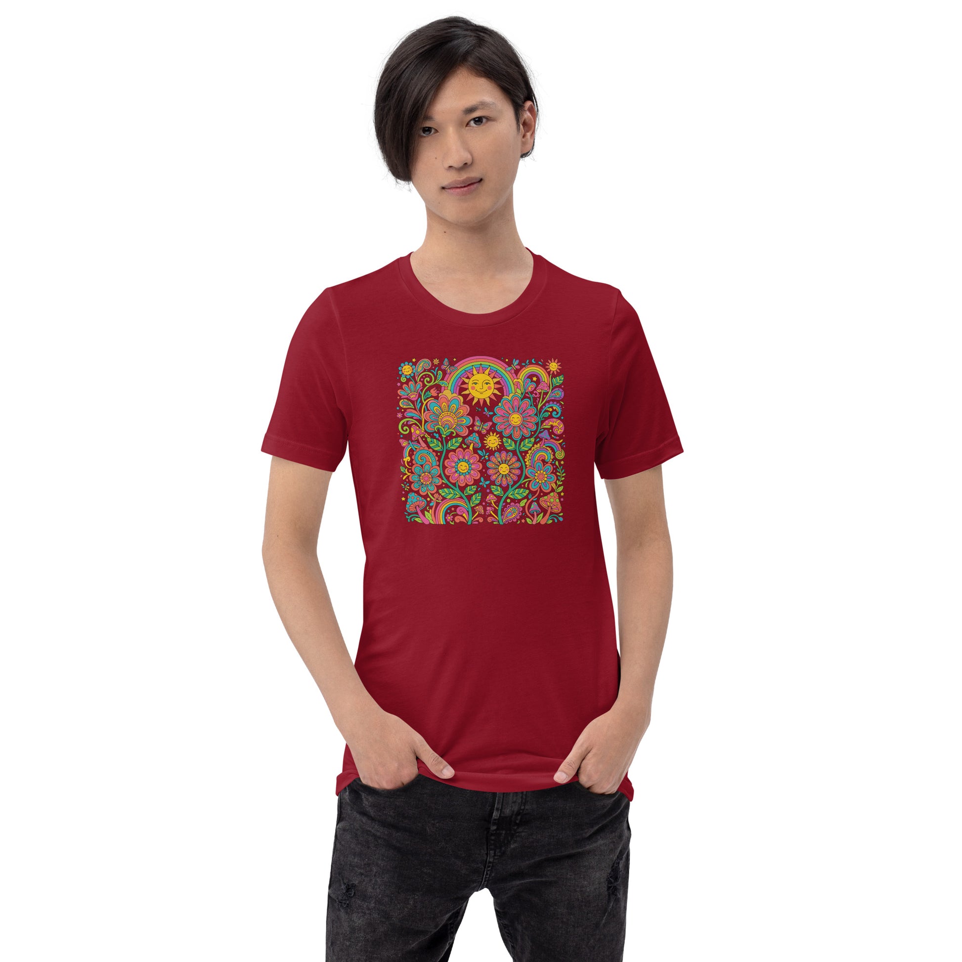 Retro 70s psychedelic style illustration with colorful smiling flowers, a happy sun, vibrant rainbows, and mushrooms.