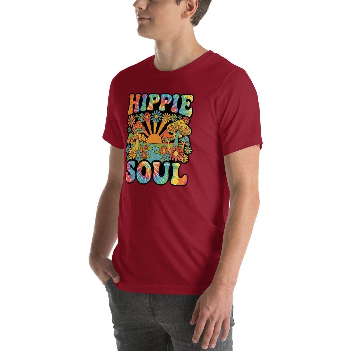 Tie-dye text reading Hippie Soul surrounded by colorful retro mushrooms, daisies, and a sunrise on a black background