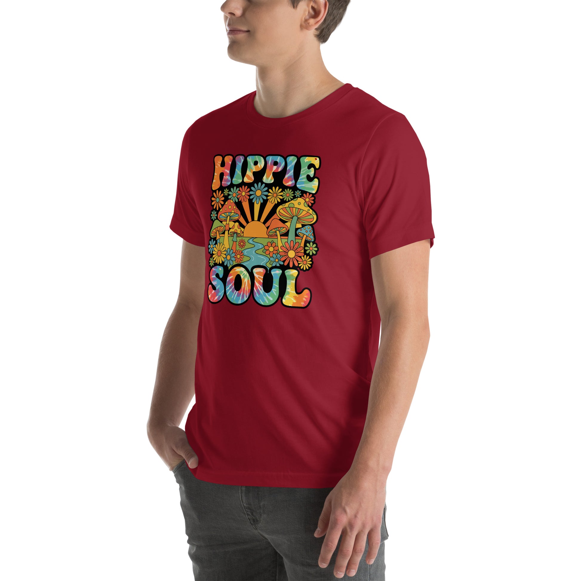 Tie-dye text reading Hippie Soul surrounded by colorful retro mushrooms, daisies, and a sunrise on a black background