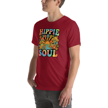 Tie-dye text reading Hippie Soul surrounded by colorful retro mushrooms, daisies, and a sunrise on a black background