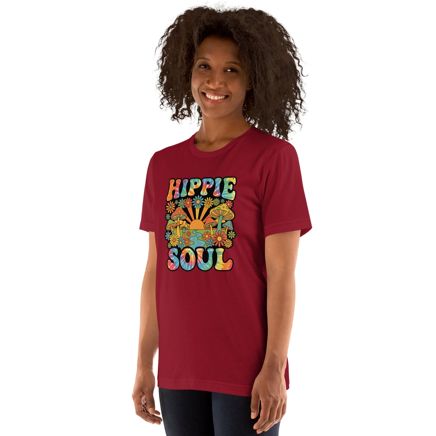 Tie-dye text reading Hippie Soul surrounded by colorful retro mushrooms, daisies, and a sunrise on a black background