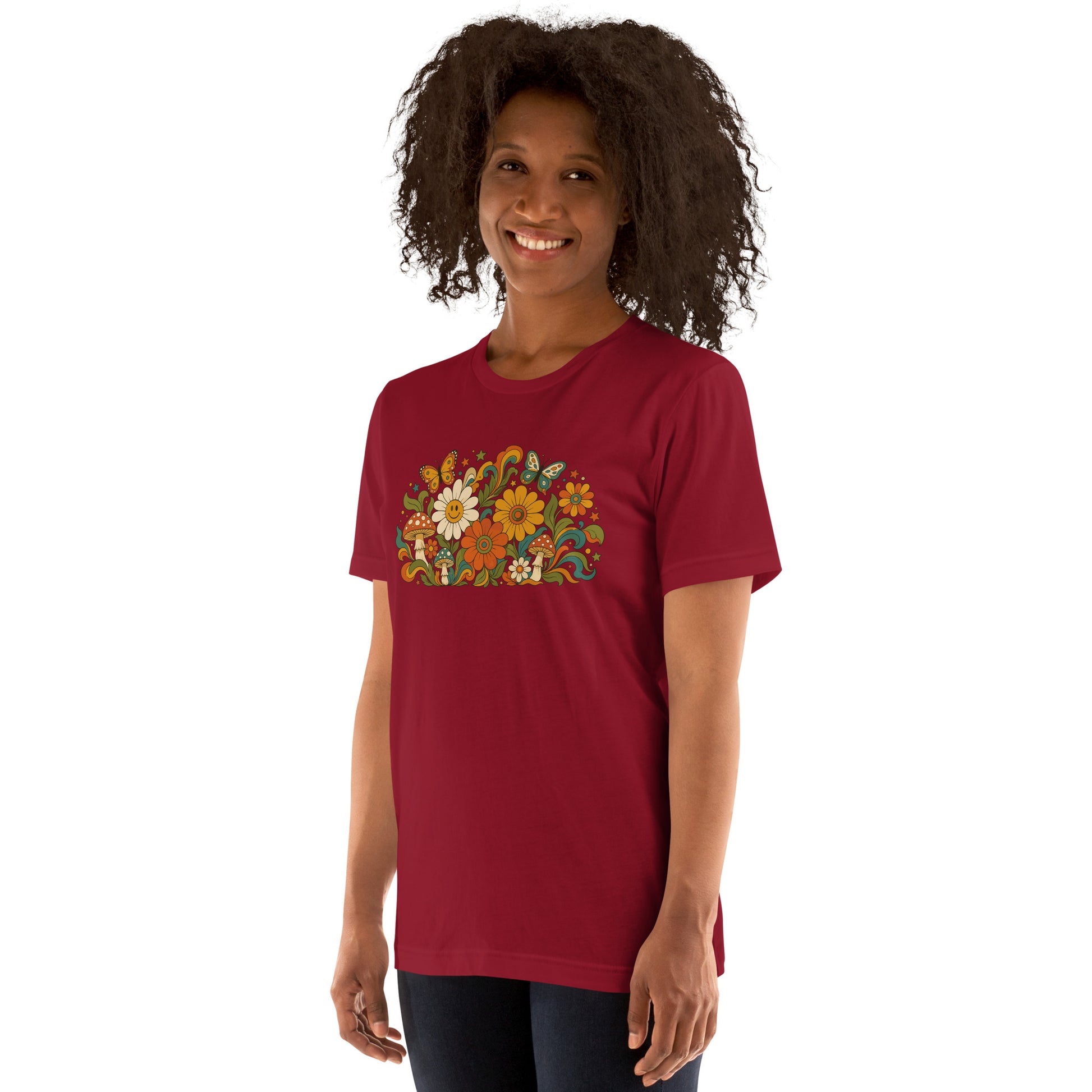 70s retro psychedelic floral t-shirt artwork featuring smiling daisies, butterflies, and colorful mushrooms.