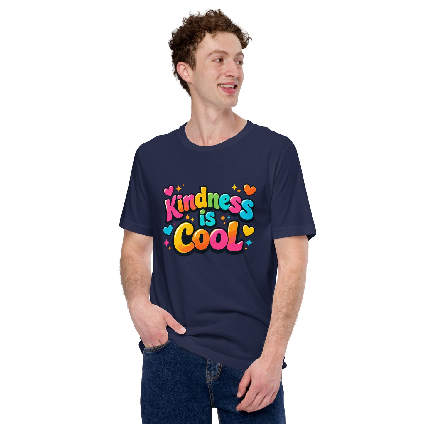 Vibrant "Kindness is Cool" typography design with colorful bubble letters, hearts, and stars on a black background.