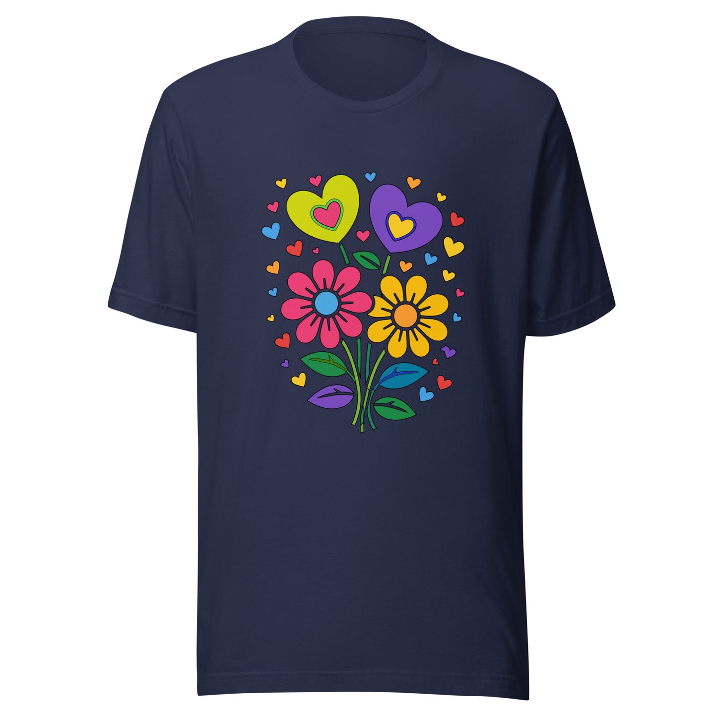 Retro 70s psychedelic flower power bouquet with vibrant pink and yellow daisies and hearts on a black graphic t-shirt.
