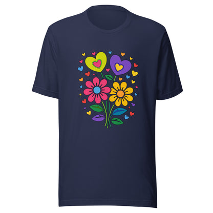 Retro 70s psychedelic flower power bouquet with vibrant pink and yellow daisies and hearts on a black graphic t-shirt.