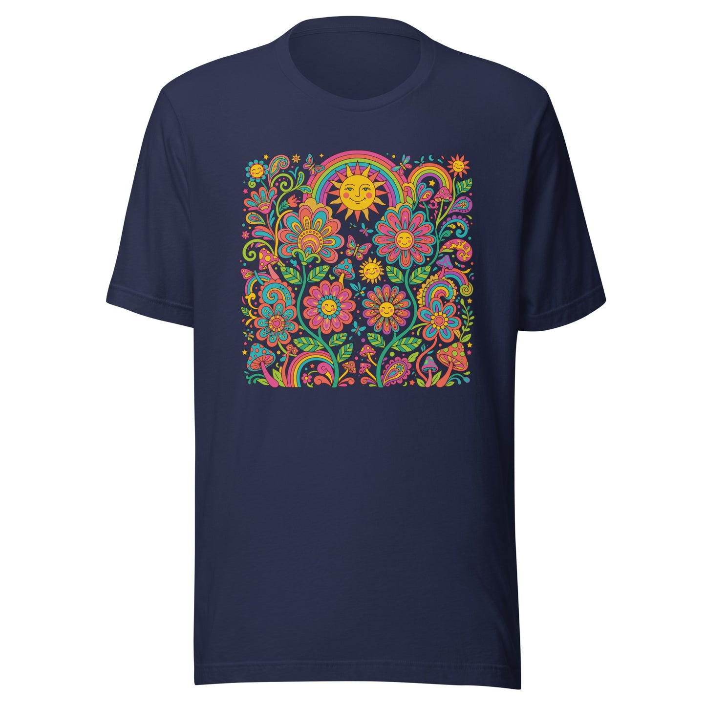 Retro 70s psychedelic style illustration with colorful smiling flowers, a happy sun, vibrant rainbows, and mushrooms.