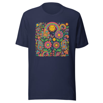 Retro 70s psychedelic style illustration with colorful smiling flowers, a happy sun, vibrant rainbows, and mushrooms.