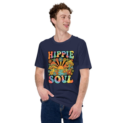 Tie-dye text reading Hippie Soul surrounded by colorful retro mushrooms, daisies, and a sunrise on a black background