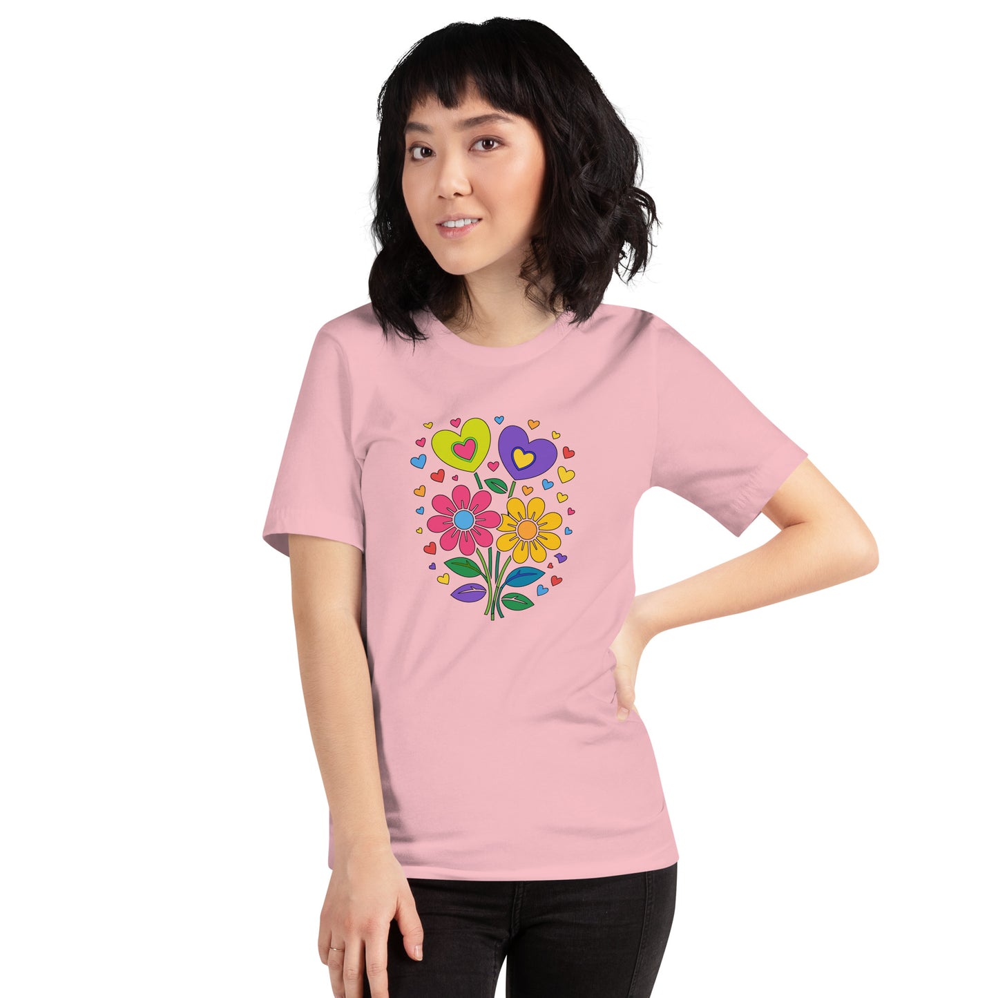 Retro 70s psychedelic flower power bouquet with vibrant pink and yellow daisies and hearts on a black graphic t-shirt.