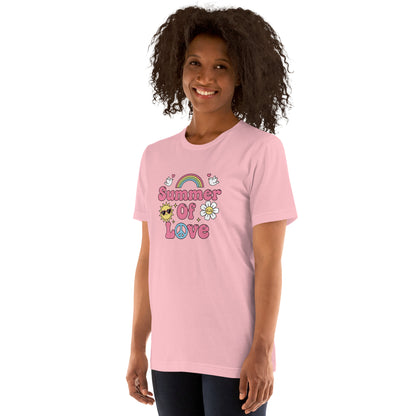 "Summer of Love" retro graphic with pink bubble text, a rainbow, and a smiling sun on a high-quality cotton T-shirt.