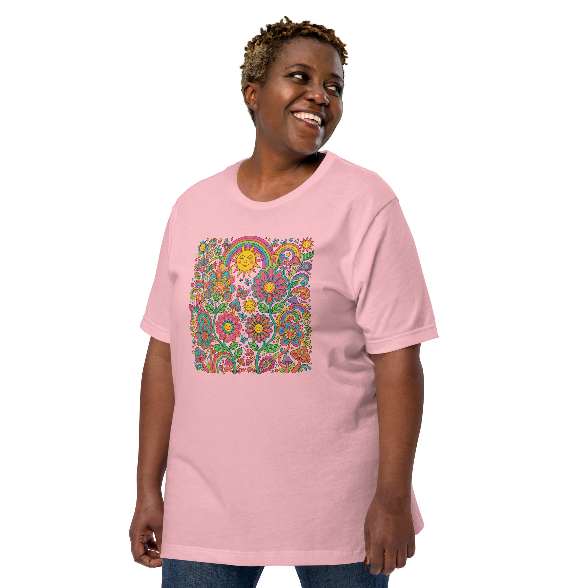Retro 70s psychedelic style illustration with colorful smiling flowers, a happy sun, vibrant rainbows, and mushrooms.