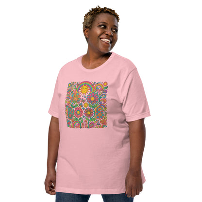 Retro 70s psychedelic style illustration with colorful smiling flowers, a happy sun, vibrant rainbows, and mushrooms.