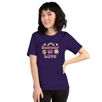 "Summer of Love" retro graphic with pink bubble text, a rainbow, and a smiling sun on a high-quality cotton T-shirt.