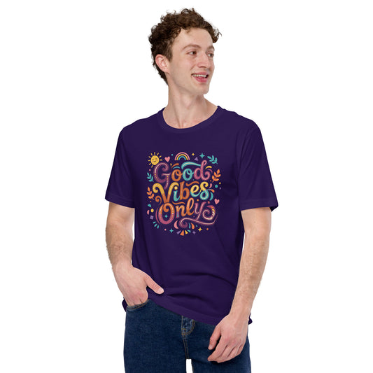 Retro t-shirt with 'Good Vibes Only' groovy lettering, rainbow, and sun illustrations in a vibrant 70s art style.