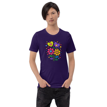 Retro 70s psychedelic flower power bouquet with vibrant pink and yellow daisies and hearts on a black graphic t-shirt.
