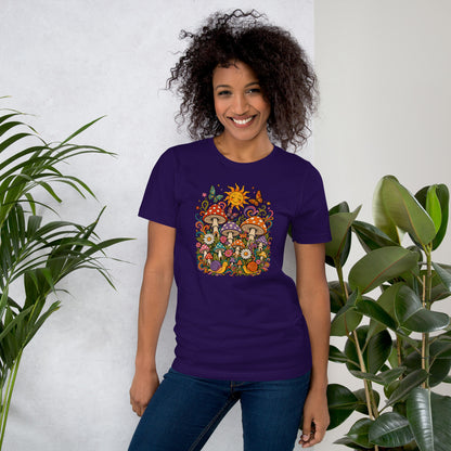 Retro 70s t-shirt graphic with colorful psychedelic mushrooms, smiling snails, butterflies, flowers, and a bright sun.