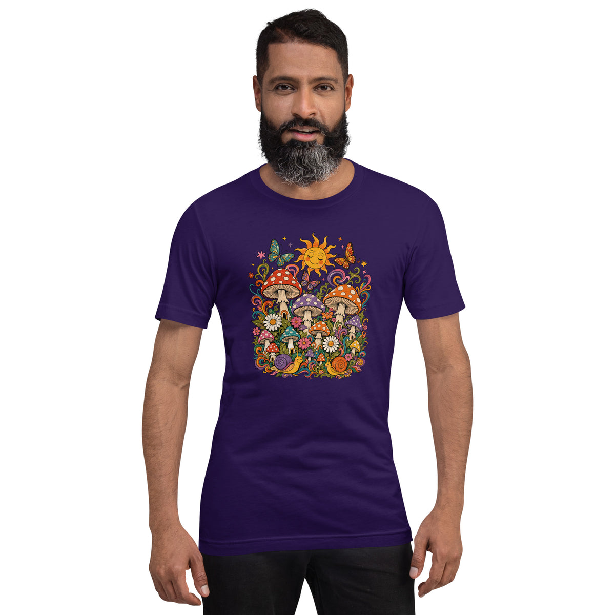 Retro 70s t-shirt graphic with colorful psychedelic mushrooms, smiling snails, butterflies, flowers, and a bright sun.